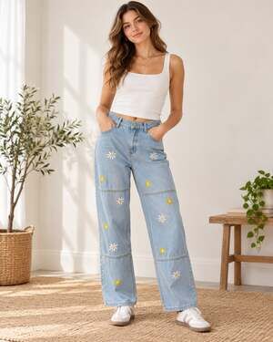 Manfinity Daisy Embroidered Jeans Light Wash Floral Y2K Straight Leg M